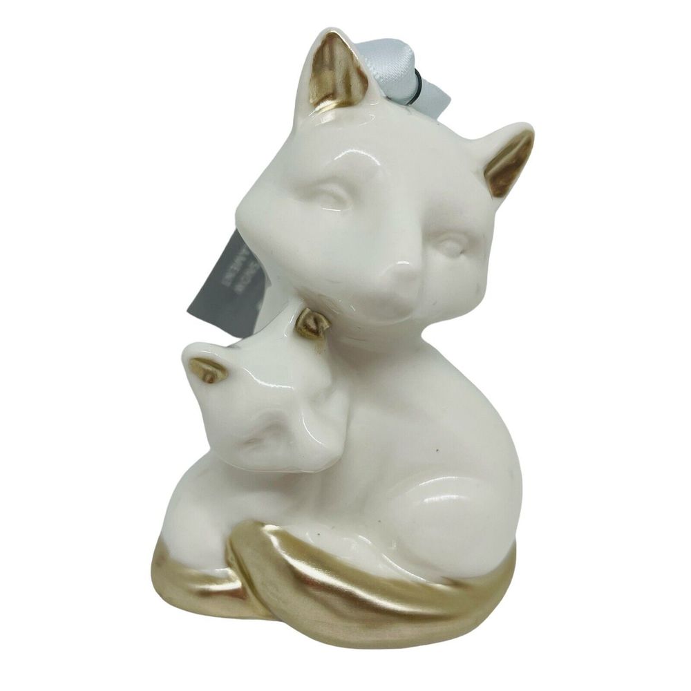 Fox and her Kit baby Forest Themed Ornament "First Snow" White/Gold Porcelain 3”